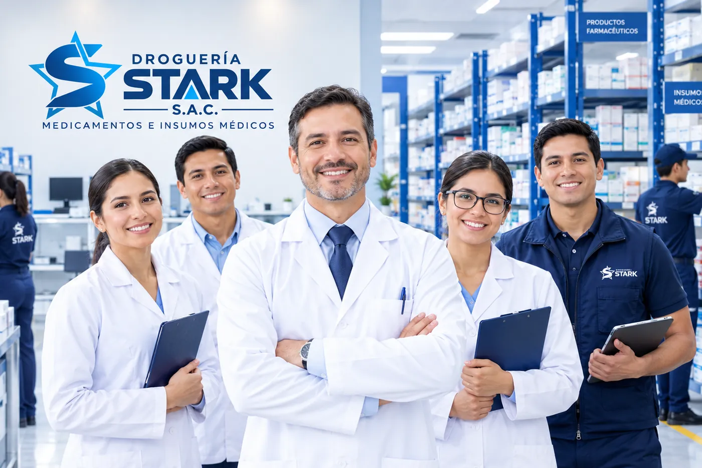 Equipo de Droguería Stark en el almacén, con anaqueles de productos farmacéuticos e insumos médicos